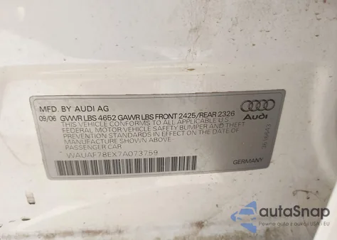 2007 Audi A4 2.0T из США, поврежденный, VIN WAUAF78EX7A073759